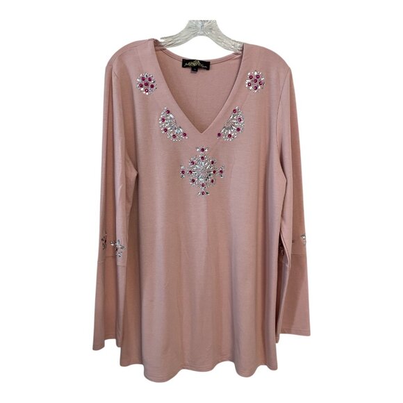 Joan Boyce Embellished Tunic Top Pink XL Rhinestone Long Sleeve Bling Stretchy - Picture 1 of 5
